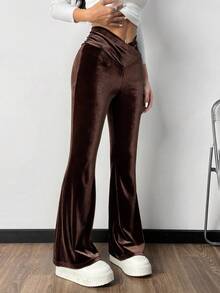 SHEIN EZwear 女款摩卡棕色針織天鵝絨休閒喇叭褲，適合秋季、冬季女裝 - 棕色 - 查看 4