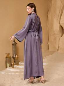 SHEIN Najma 优雅3D立体花卉装饰拼接女士系带修身连衣裙 - 紫色 - 查看 2