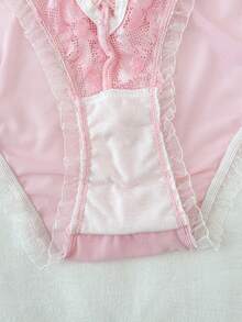 PetitDoll 2pcs Lace Contrast Mesh Wireless Bra Set - Pink - View 6