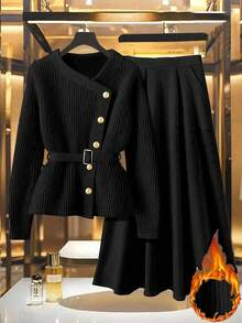 GlowEve 女式纯色简约长袖上衣和裙子两件套，日常穿着