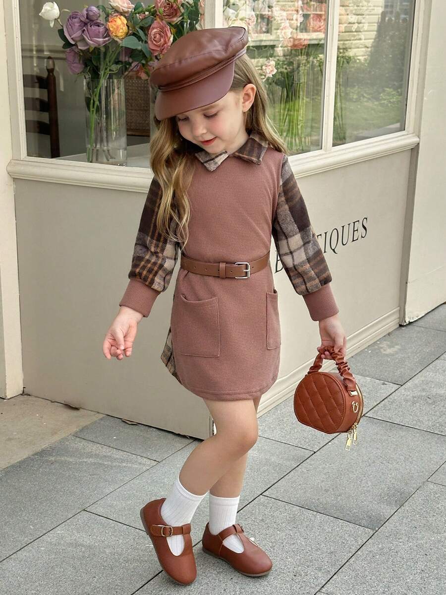 SHEIN Elladie kids Young Girl Plaid Print Belted Dress - Multicolor - View 1