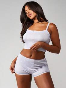 MISSGUIDED Pointelle Knit Pajama Set With Scoop Neck Camisole Top And Matching Shorts With Lace Trim Details - Light Grey - View 3