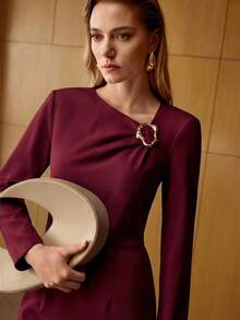 MOTF PREMIUM WOMEN'S ELEGANT COMMUTER METAL BUCKLE MIDI DRESS - Burgundy - View 2