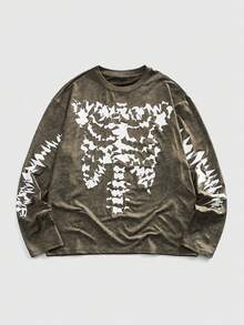 ROMWE MEN Street Life Men's Casual Versatile Crew Neck Long Sleeve T-Shirt With Dark Skull Print - Dark Green - View 1