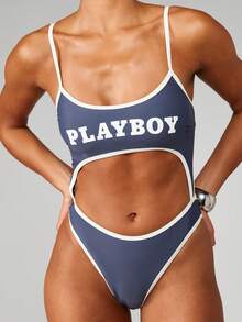 Missguided x Playboy 镂空Logo连体泳衣，白色撞色滚边细节，细肩带，夏季海滩度假泳装 - 彩色 - 查看 3