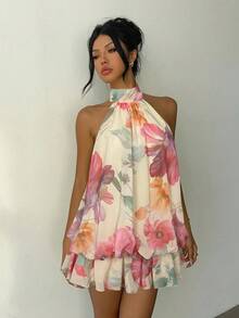 Aloruh Women's Elegant Light Yellow Halter Tie Mini Dress - Multicolor - View 6