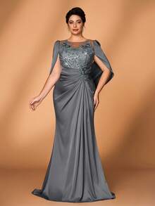 Serin Elegantes, luxuriöses Meerjungfrauenkleid in Grau-Grün mit bestickter Spitze, Pailletten-Patchwork, elastischem Satinrüschenärmel, geeignet für Hochzeit, Party, Urlaub, Abschlussball, Abendrobe, Brautmutter - Grau - Übersicht 6
