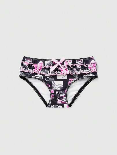 Young Girl Cartoon Print Bow Decor Ruffle Trim Panties