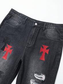 ROMWE MEN Men's Casual Washed Cross Embroidered Distressed Rhinestone Jeans - Black - View 6