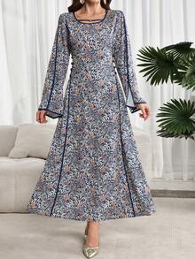 Al Najma Women's Round Neck Flare Sleeve All-Over Print Waist Cinched Elegant Arabic Style Dress - Brown - View 2