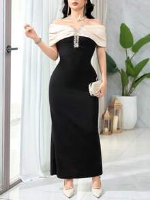Feyla Women's Elegant Party Color Block Off Shoulder Rhinestone Decor Dress - Black - View 5