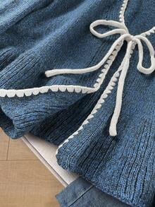 SHEIN Frenchy Áo khoác cardigan dài tay buộc dây màu tương phản dành cho nữ - Màu xanh hải quân - Xem 3