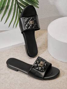 SHUZIA #UrbanLuxe Women's Gold Locker Decor Quilted Folder Over Vegan Leather Black Slide Sandals–Designer-Inspired Elegant, Textured & Timelessly Chic. Valentine's Day - Black - View 3