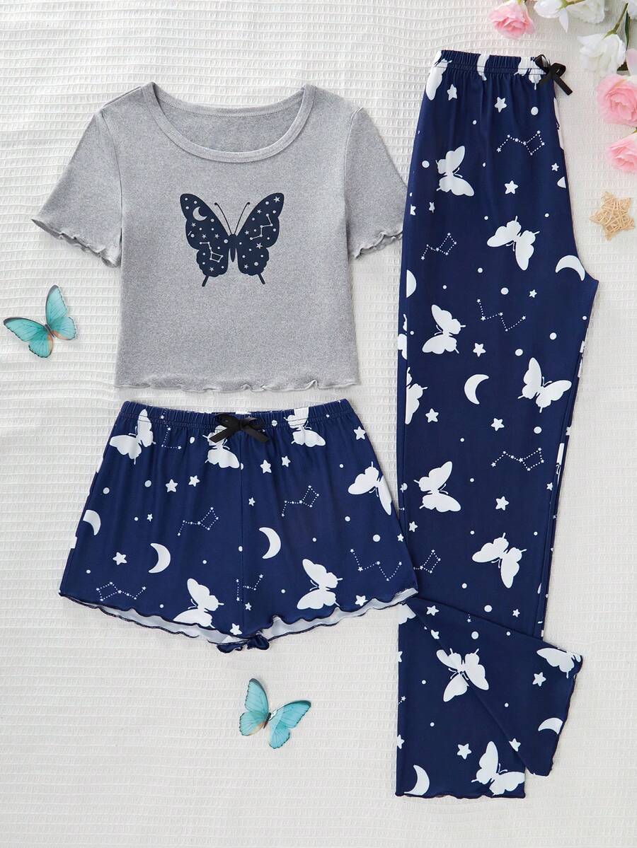 Bộ đồ ngủ 3 món in hình bướm tay ngắn, quần dài màu xanh và quần short cho bé gái