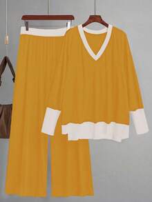 Linhara Plus Size Women's Casual Colorblock Patchwork Top And Pants 2 Pieces Set,Yellow,Navy And White,Autumn,Smart Casual,Everyday Two Pieces Sets For Women - Light Yellow - View 1