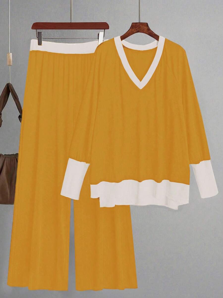 Linhara Plus Size Women's Casual Colorblock Patchwork Top And Pants 2 Pieces Set,Yellow,Navy And White,Autumn,Smart Casual,Everyday Two Pieces Sets For Women - Light Yellow - View 1