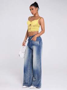 SHEIN BAE Regata Corselet de Renda Versátil e Sexy para Mulheres, Versátil para Sair, Noite de Encontro, Festa com Tema, Concertos, Réveillon, Festa de Natal - Amarelo - Visão 5