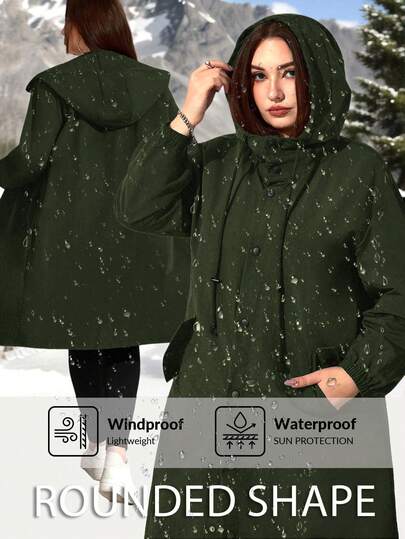Enliva Plus Size Pure Black Windbreaker Jacket, Long-Sleeved Hooded Mid-Length Jacket, Water-Repellent Fabric, Suitable For Outdoor Sports And Casual Outings, Back To School, Hoodies,Hooded,Windbreaker,Fall Jacket For Women,Winter,CURVE PLUS, For Apple Rounded Body Shape