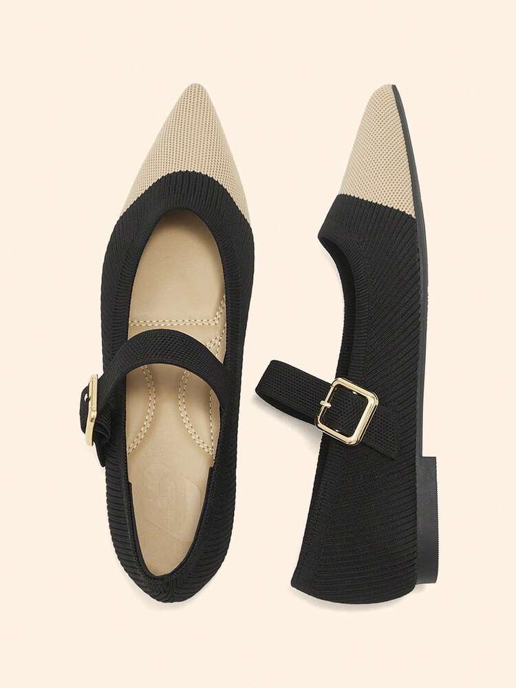 CUCCOO BASICS Women's Fashion Pointed Toe Flat Black & Beige Knit Material Comfortable Breathable Commute Daily Versatile Mary Jane Flats Spring Shoes