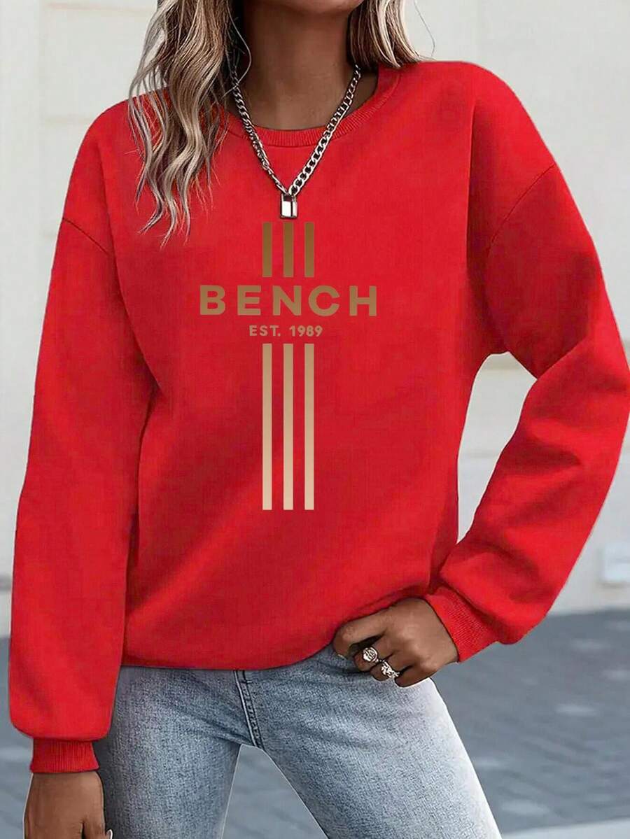 EMERY ROSE Women'S Y2K Style Gradient Letter Print Sweatshirt - Light & Golden Accent Round Neck Pullover, Machine Washable Spring/Fall Fashion, Long Sleeve Casual Sporty Top With "Bench" Design, Cute Sweatshirts