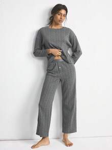 Ocili 女士落肩长袖上衣和裤子家居服套装，冬季服装 - 灰色 - 查看 2