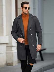 Manfinity Mode Men's Solid Color Pocket & Button Front Long Sleeve Overcoat, Autumn Fall Clothes Men Long Coat Overcoat Men Men Trench Coats - Dark Grey - View 6