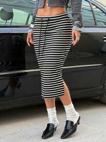 SHEIN EZwear 條紋圖案開衩側腰部抽繩半身裙
