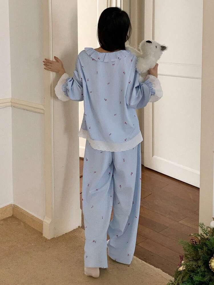Women's Sweet Striped & Ditsy Floral Ruffle Collar Color Block Pajama Set
