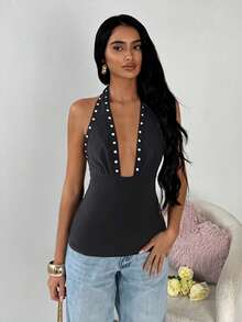 SHEIN TRNDY Women's Retro Sexy Low-Cut Studded Fitted Camisole - Black - View 6