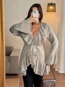 Vionelle Plus Size V-Neck Ruffled Flare Sleeve Waist Tie Casual Elegant French Style Women Knit Cardigan Dress Cardigan Curve Kimono Sweaters For Women Cardigan Brown Cardigan Knitted Cover Up - Khaki - View 6