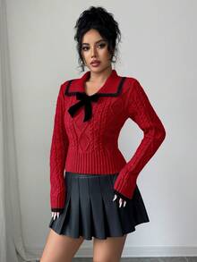 SHEIN Elenzya 女士复古扭结麻花水手领蝴蝶结短款毛衣，秋冬款 - 紅色 - 查看 3