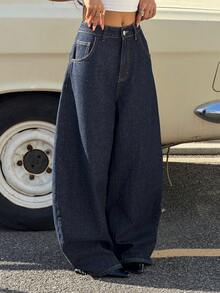 Muchica 女士时尚纯色低腰口袋宽松牛仔裤 - 藏蓝色 - 查看 1