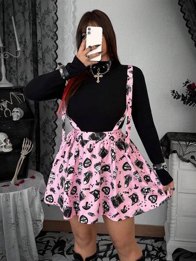 SHEIN Whyspr Plus Size Women Cartoon Cat Print Goth Style Suspender Dress