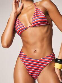 MISSGUIDED Stripe Bikini Set Two Piece Swimwear Triangle Top High Waist Bottom Beach Summer Vacation Pool Horizontal Striped - Multicolor - View 2