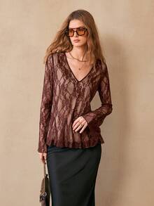Chiquease Women's Casual Bohemian Romantic Lace Loose T-Shirt, Fashion Outerwear, Spring/Autumn - Coffee Brown - View 3