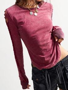 Bohemela Áo thun nữ cổ tròn tay dài dệt kim màu trơn phong cách Boho thường ngày, mùa thu/đông - Màu Đỏ Sâu - Xem 4