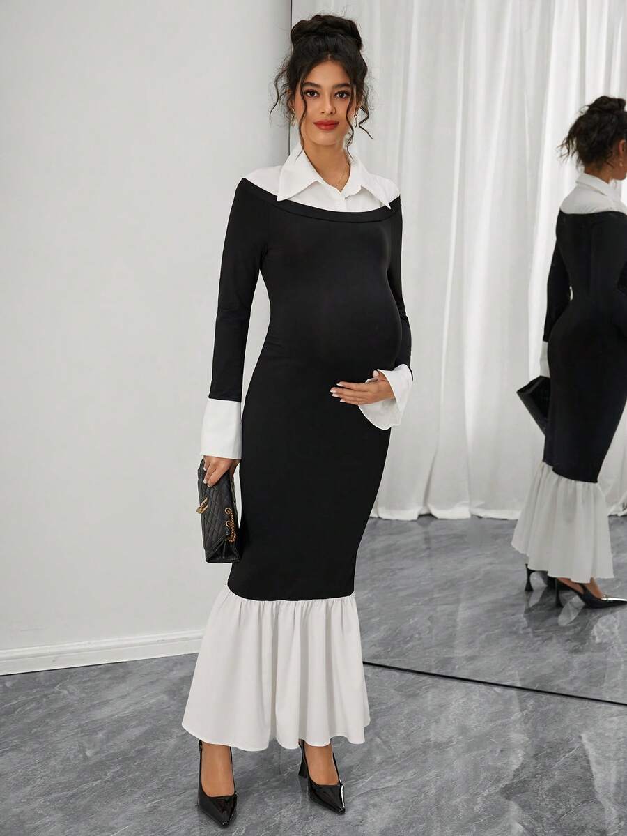 SHEIN Robe de maternité à col chemise, ourlet à volants, taille cintrée, manches longues, décontractée pour les vacances - Noir - Voir 1
