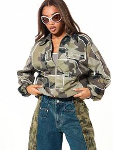 SUMWON WOMEN Camo Print Utility Jacket With White Piping Detail And Zip Front Closure For Fall Winter Streetwear - Army Green - View 4