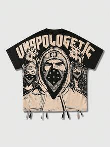 ROMWE MEN Men's Round Neck Short Sleeve Cartoon Character Print Distressed T-Shirt