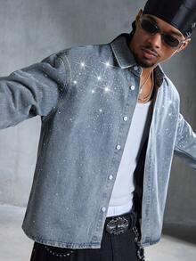 ROMWE MEN Street Life Men's Rhinestone Embellished Long Sleeve Denim Shirt - Blue - View 6