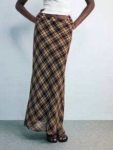 Maija Women's Fashion Plaid Skirt, Suitable For Commuting Brown Plaid Skirt Long Skirt Plaid Skirt Women Long Brown Skirt Checkered Skirt - Multicolor - View 3