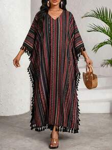 SHEIN Lady Plus Size Casual Striped Tassel Decor Dress Summer Dress Spring Dress - Multicolor - View 3