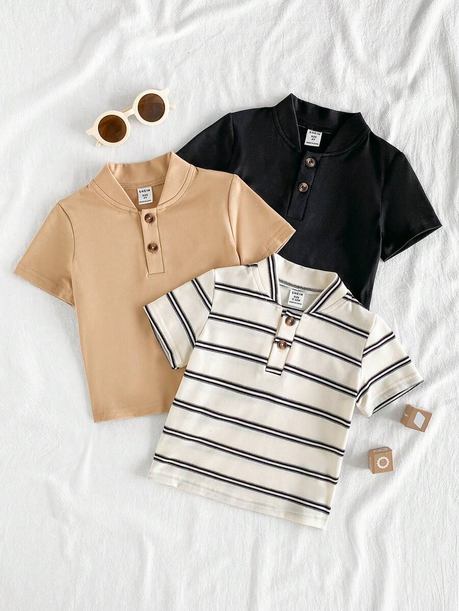 SHEIN Vintaside Kids Bộ 3 áo thun tay ngắn phong cách tối giản màu trơn cho bé trai, đen, trắng, xám carbon, thời trang và đa năng, thích hợp cho các hoạt động vui chơi ngoài trời, giải trí tại nhà, thể thao và thể hình, tiệc tùng, v.v. - Nhiều màu - Xem 1