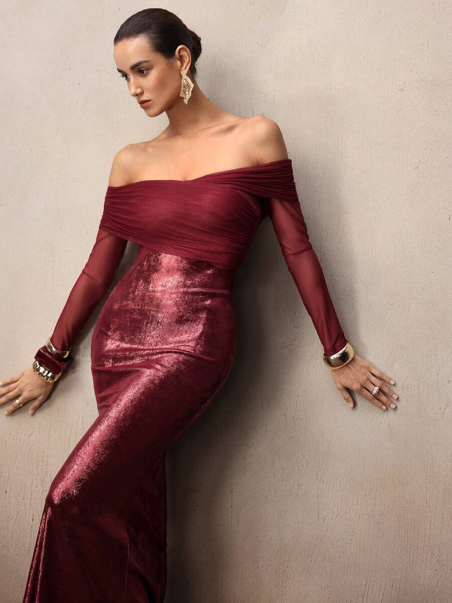 Modelyn Đầm đuôi cá trễ vai, cổ chữ V sâu, tay dài, phối lưới, eo. - Màu Đỏ Sâu - Xem 1