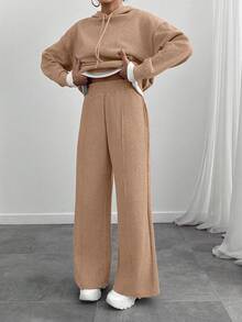 Conjunto de dos piezas de sudadera y pantalón de chándal oversize de color gris jaspeado para mujer - Beis - Ver 3
