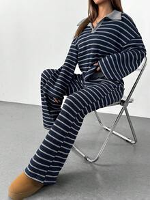 SHEIN PETITE Women's 2pcs Set Loose Striped V-Neck Drop Shoulder Long Sleeve T-Shirt &Elastic Waist Striped Pants, Winter Sweater Suit ,Autumn/Winter Two Piece Set Women Comfy Two Piece Set Two Piece Lounge Set Striped Two Piece Set Comfortable Two Piece Set - Multicolor - View 7