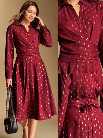 Écloséra 新款优雅复古法式褶裥连衣裙，修身显瘦，金色月亮图案，长袖，酒红色，秋冬款