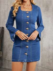 Elenzga Front Button Fitted Long Sleeve Casual Versatile Women Denim Dress - Blue - View 4
