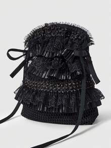 ROMWE Grunge Punk Multi Layer Pleated Lace Crossbody Bag - Black - View 3