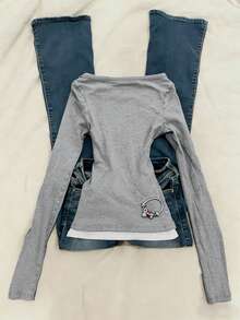 Glimmora 1pc Women's Slim Fit Long Sleeve 2 In 1 T-Shirt - Grey - View 2